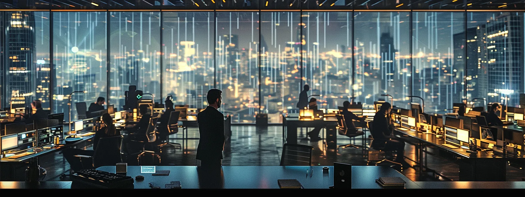 a bustling urban office space, filled with modern desks and sleek technology, illuminated by dynamic overhead lighting that casts a vibrant glow on engaged professionals collaborating around a large conference table.