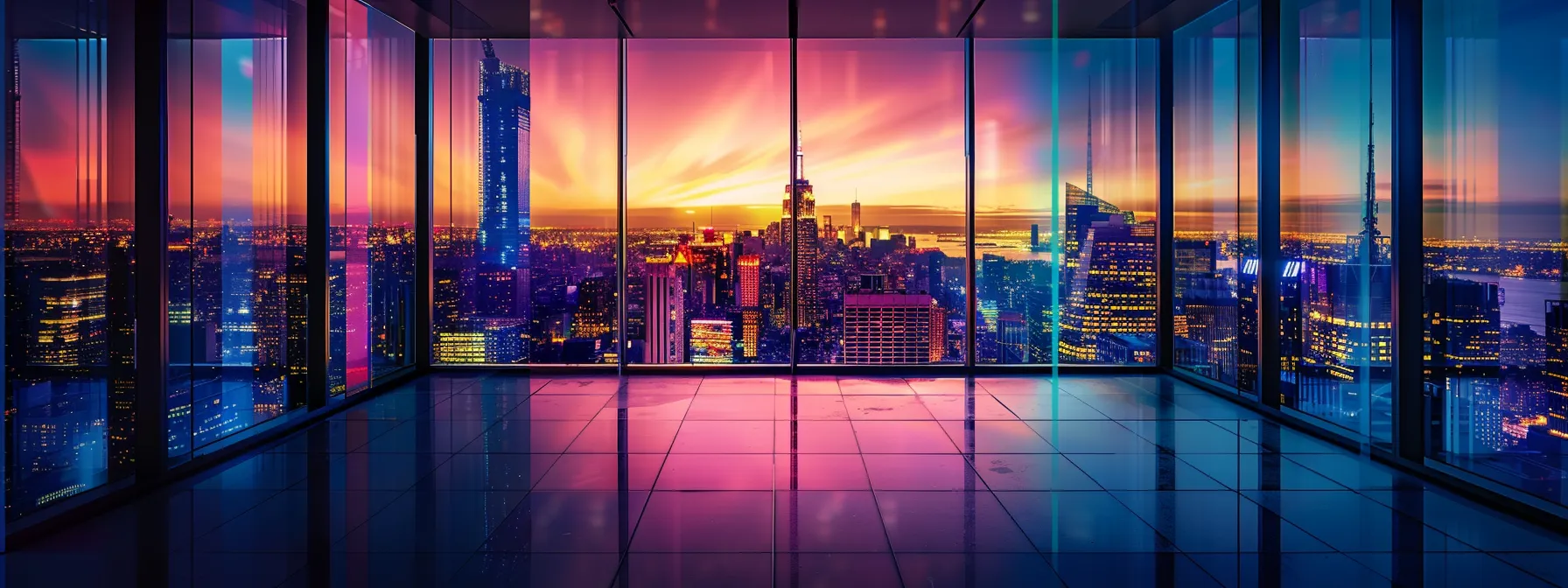 a sleek, modern office space features a striking wall of glass showcasing a dynamic city skyline, illuminated by vibrant neon lights, conveying a sense of innovation and ambition in the corporate world.