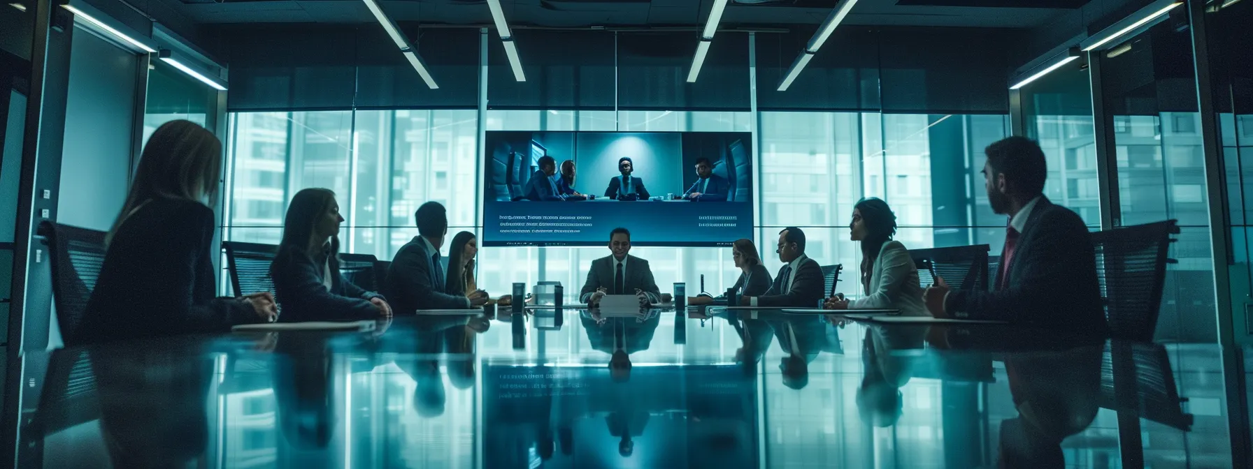 a sleek, modern office space is illuminated by dynamic led lighting, showcasing a bold presentation on a large screen as engaged team members gather around a polished conference table, exuding innovative energy and collaboration.