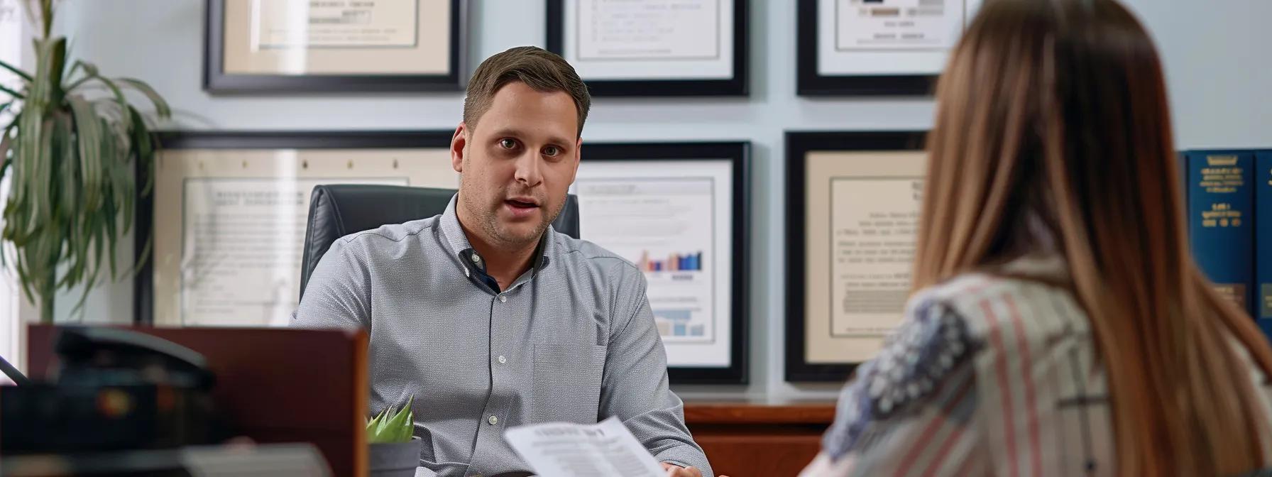 a professional, modern office setting featuring a confident wealth manager discussing a financial strategy with a client, highlighted by frames of diplomas and certifications on the wall, conveying a sense of expertise and trustworthiness.
