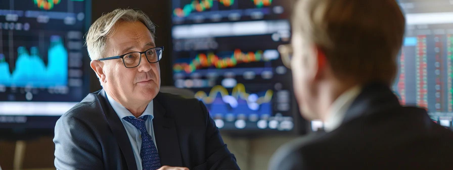 a sleek, modern office setting features a well-dressed financial advisor engaged in a serious discussion with a high-net-worth client, surrounded by digital screens displaying complex market data, emphasizing the critical importance of professional private wealth management for sophisticated financial profiles.