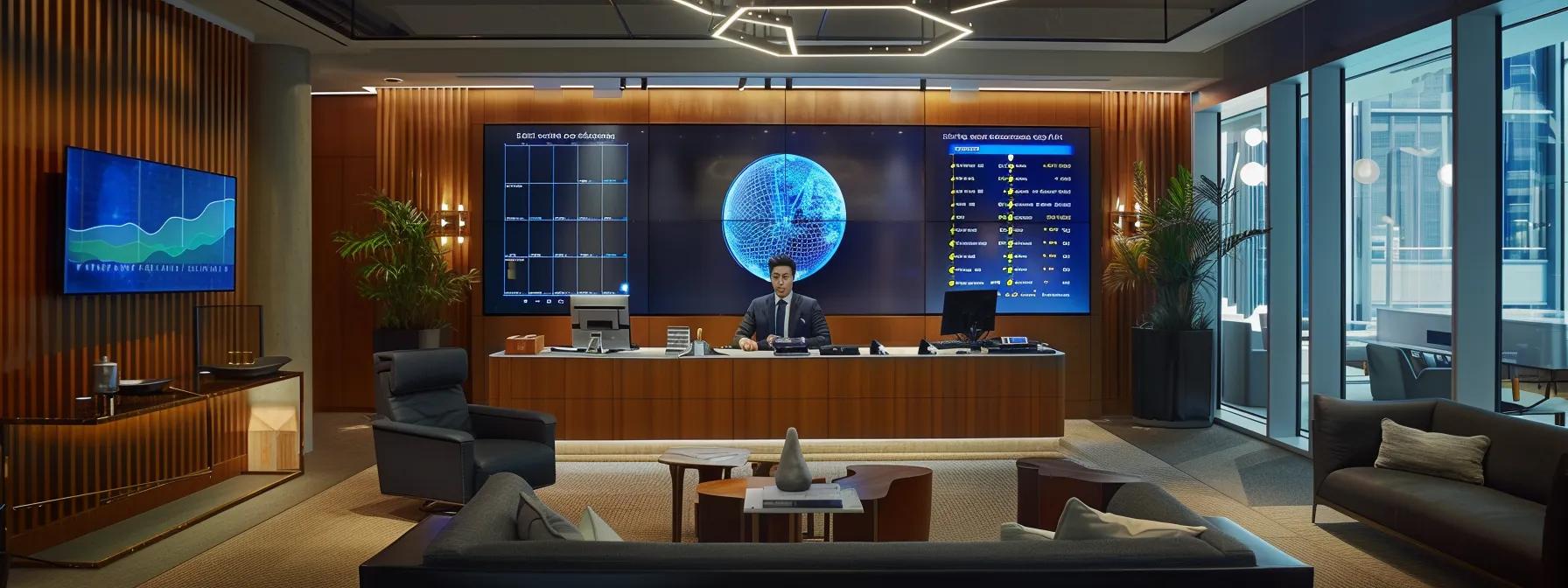 a sleek, modern office setting featuring a confident wealth manager presenting a comprehensive financial strategy on a large screen, surrounded by sophisticated charts and graphs that illustrate global diversification and trust structures.