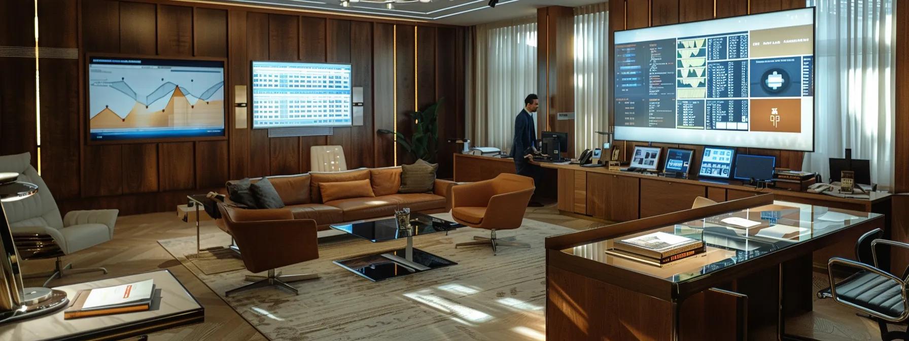 a sophisticated office environment features a confident wealth management advisor engaging in a detailed financial planning session with affluent clients, surrounded by elegant decor and digital investment analysis displays, highlighting a seamless integration of bespoke financial strategies and advanced investment solutions.