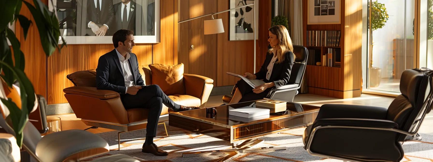 a sophisticated office setting features a well-dressed private wealth manager engaged in a focused discussion with a high-net-worth client, surrounded by financial reports and luxury décor, symbolizing tailored financial strategy and fiduciary commitment.